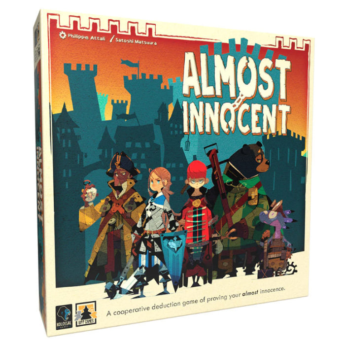 Almost Innocent - Square board game box with colorful medieval characters including knights and a wizard, set against a castle silhouette at.