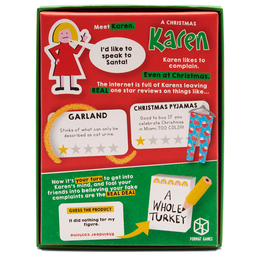 A Christmas Karen - Colorful rectangular card game box with cartoon woman, speech bubbles, and playful holiday-themed text.