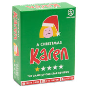 A Christmas Karen - Green rectangular box for "A Christmas Karen" card game with red and white text and cartoon face wearing a Santa hat.
