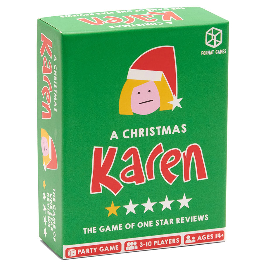 A Christmas Karen - Green rectangular box for "A Christmas Karen" card game with red and white text and cartoon face wearing a Santa hat.