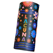 Lacuna - Tall cylindrical game box with a dark background, colorful geometric starburst and flower patterns, and the word "LACUNA" in