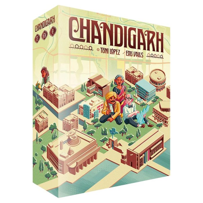Chandigarh - Chandigarh board game box with colorful illustrations of city buildings and people on a light green background.