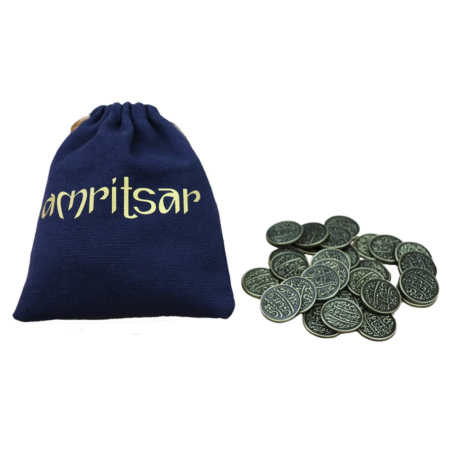 Amritsar The Golden Temple - Navy blue drawstring pouch with gold "amritsar" text and a pile of round, silver game coins with intricate designs.