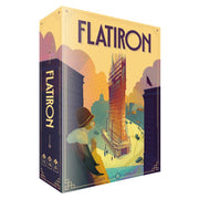 Flatiron - Flatiron board game box featuring vintage illustration of early 20th-century skyscraper under construction in warm yellow.