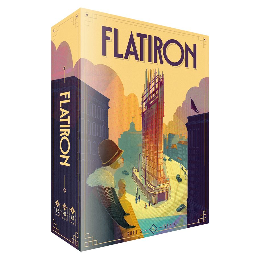 Flatiron - Flatiron board game box featuring vintage illustration of early 20th-century skyscraper under construction in warm yellow.