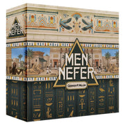 Men-Nefer - Square game box with ancient Egyptian artwork, hieroglyphs, and decorative borders in beige, blue, and black tones.