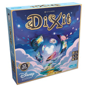 Dixit Disney - Square board game box with a dark blue background, featuring the title Dixit in whimsical gold letters and Disney-themed.