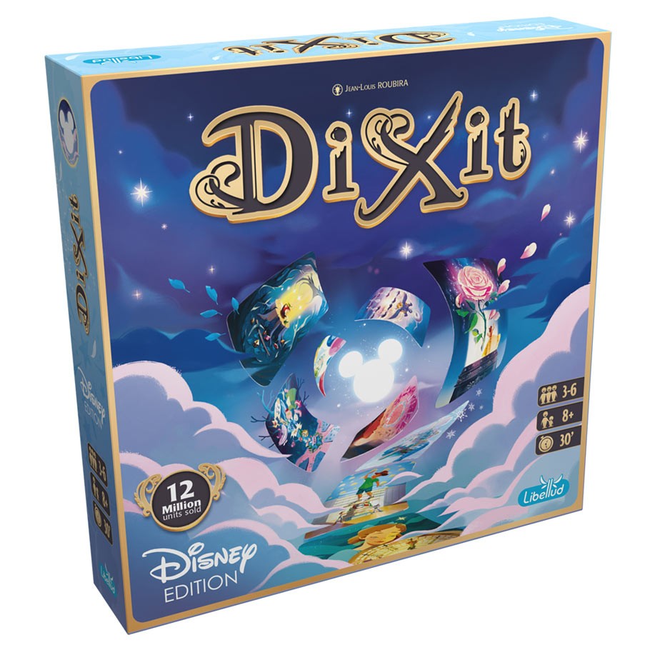 Dixit Disney - Square board game box with a dark blue background, featuring the title Dixit in whimsical gold letters and Disney-themed.
