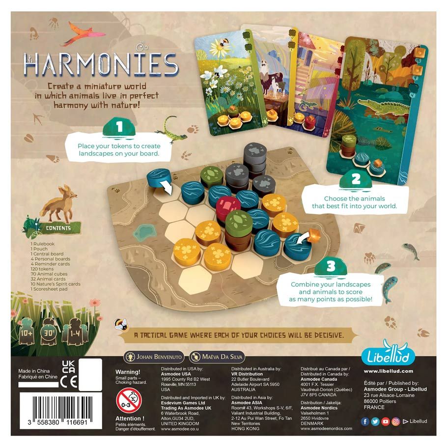 Harmonies - Hexagonal game board with colored wooden tokens in blue, yellow, and gray, accompanied by illustrated animal cards and.