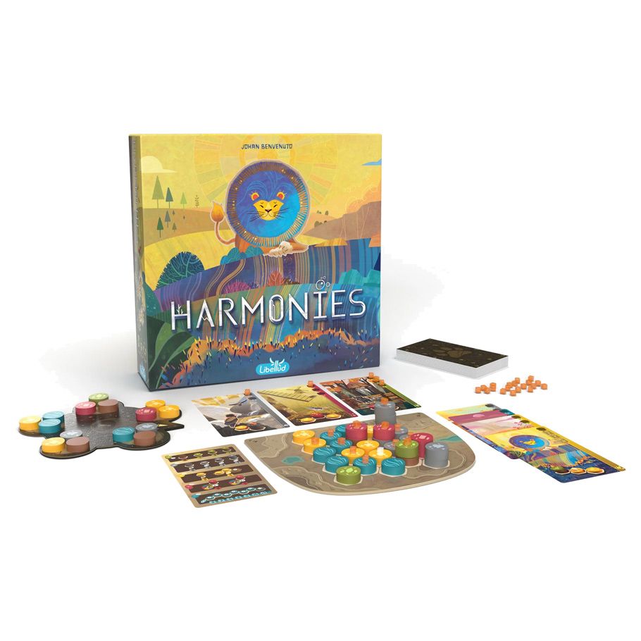 Harmonies - Colorful board game set with hexagonal pattern, wooden tokens, cards, and illustrated box titled Harmonies.