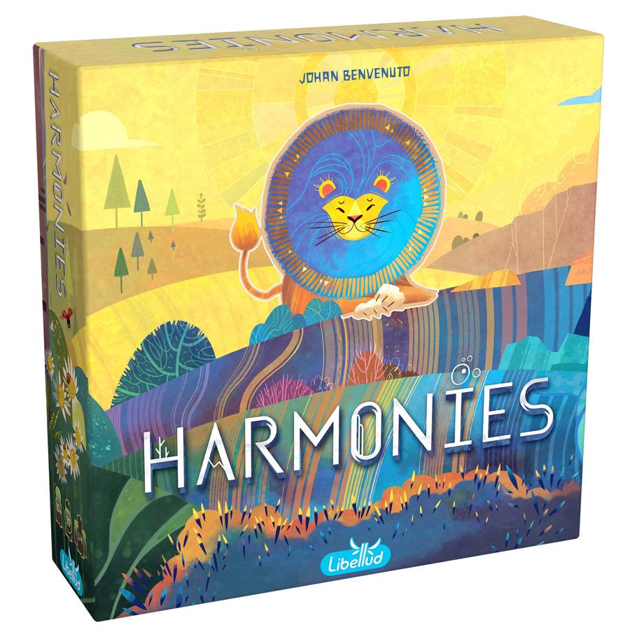 Harmonies - Colorful board game box with a lion illustration on a circular dial over a vibrant landscape background labeled Harmonies.