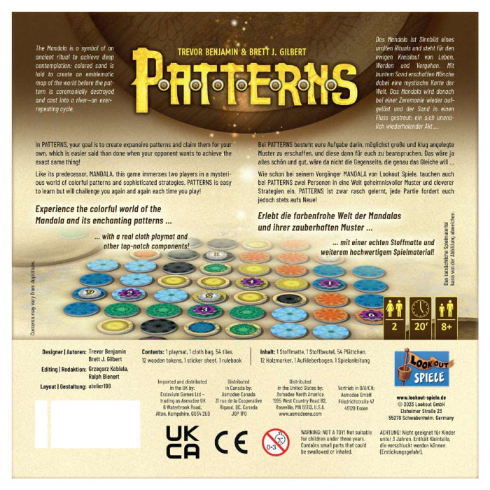 Patterns: A Mandala Game - Game box back with colorful mandala pattern tokens in blue, green, purple, and orange, and detailed game instructions text.
