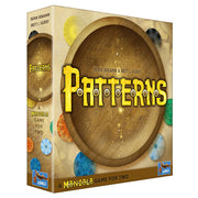 Patterns: A Mandala Game - Square cardboard game box with a large wooden mandala board illustration in the center, earthy tones, colorful circular.