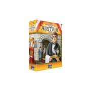 Grand Austria Hotel - Vertical rectangular game box for Grand Austria Hotel featuring illustrated characters of a waiter holding a bottle and a.
