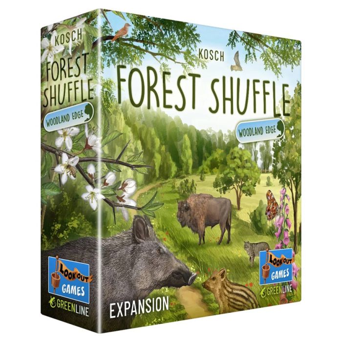 Forest Shuffle: Woodland Edge Expansion - Board game expansion box with green forest and meadow artwork, featuring animals like a wild boar, bison, and chipmunk,.