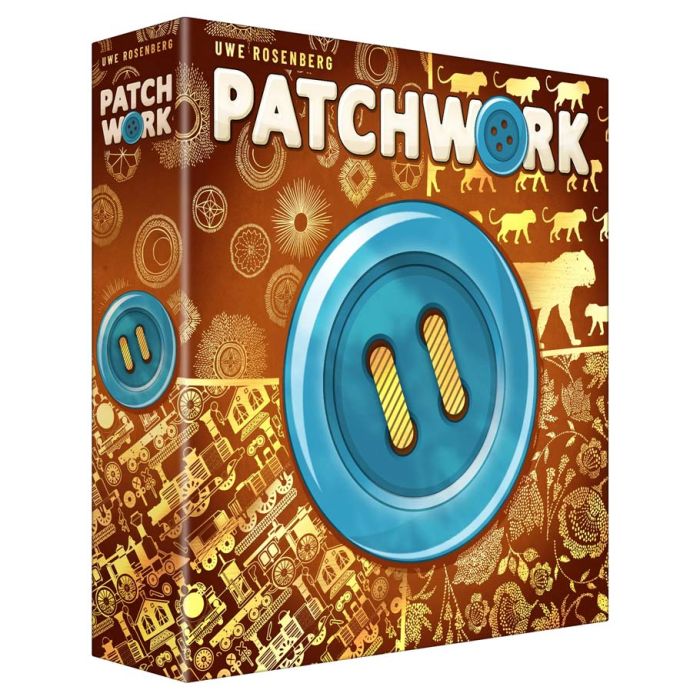 Patchwork: 10-Year Anniversary Edition - Brown board game box with a large blue button and two yellow holes on the front, decorated with various game-related icons.