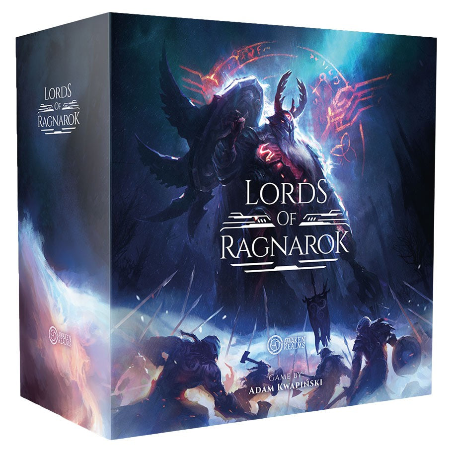 Lords of Ragnarok: Core Box - Square board game box for Lords of Ragnarok with dark fantasy artwork featuring shadowy figures and glowing blue and red.