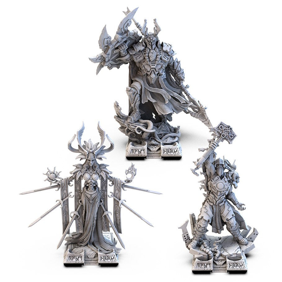 Lords of Ragnarok: Core Box - Three intricately detailed gray resin miniature figures from Lords of Ragnarok, featuring armored warriors wielding weapons.
