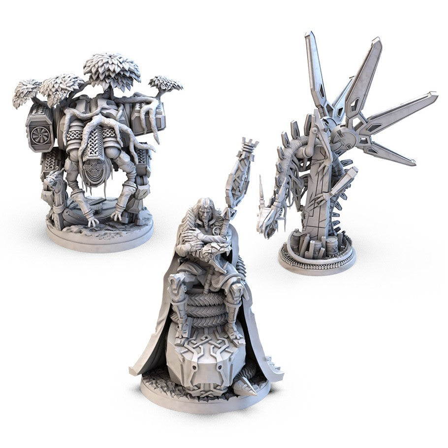 Lords of Ragnarok: Core Box - Three detailed gray resin miniature figures featuring a seated warrior on a throne, a skeletal tree creature, and a spiked.