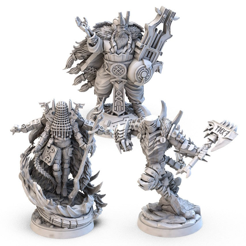 Lords of Ragnarok: Core Box - Three detailed gray miniature figures of fantasy warriors, each with unique armor and weapons, on round bases.