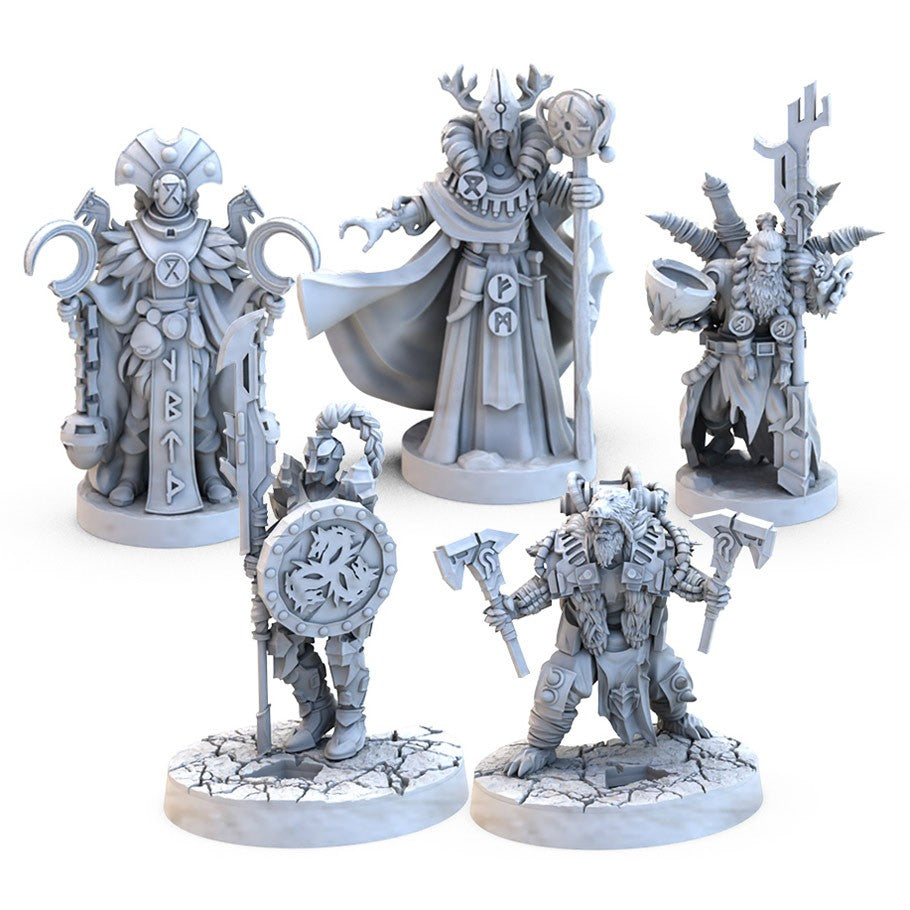 Lords of Ragnarok: Core Box - Five detailed grey resin fantasy warrior miniatures with helmets, weapons, shields, and armor on round bases.