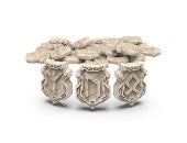 Lords of Ragnarok: Enhanced Runes Expansion - Beige intricately carved resin game tokens featuring Norse rune designs and shield motifs, circular shape.
