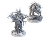 Lords of Ragnarok: Monster Pack Expansion - Two unpainted gray resin fantasy miniature figures featuring a spiked warrior with a large sword and a monstrous beast with.
