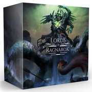 Lords of Ragnarok: Seas of Aegir Expansion - Dark fantasy game box with monstrous sea creature and armored warrior, misty green and blue tones.