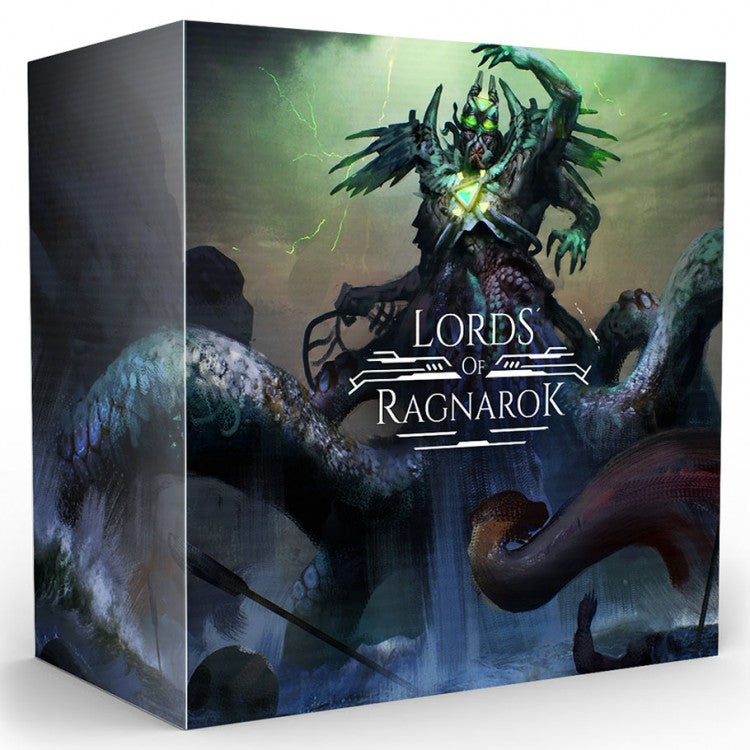 Lords of Ragnarok: Seas of Aegir Expansion - Dark fantasy game box with monstrous sea creature and armored warrior, misty green and blue tones.