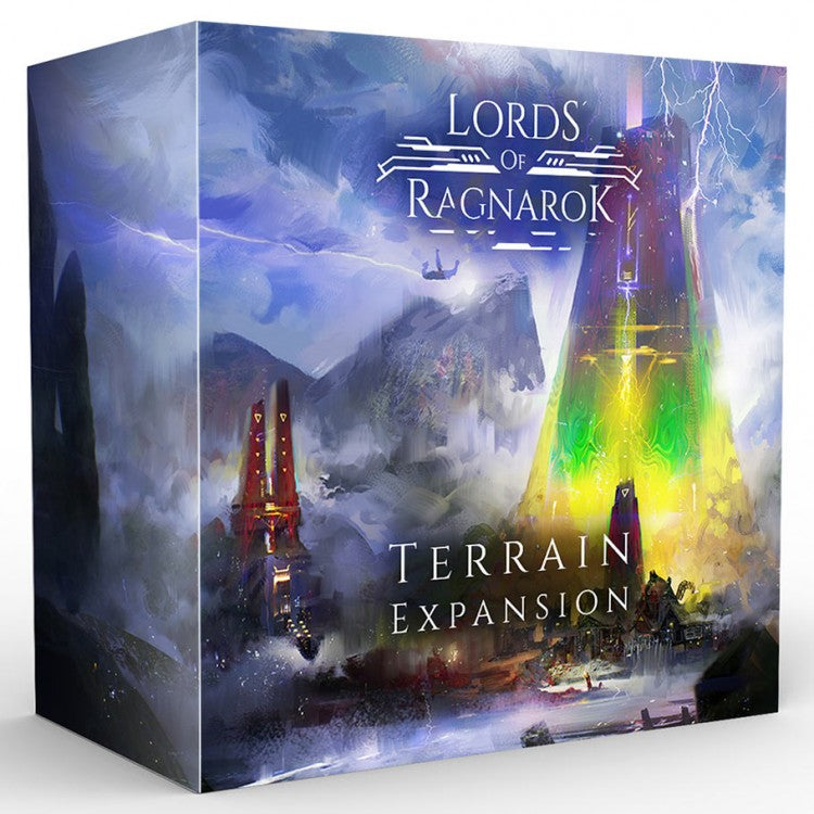 Lords of Ragnarok: Terrain Expansion - Board game box with stormy fantasy landscape, glowing green tower, and dark mountains for Lords of Ragnarok Terrain.