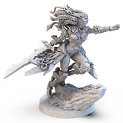 Lords of Ragnarok: Valkyrie Hero Expansion - Detailed gray resin figurine of Valkyrie warrior with flowing hair, armor, and large sword poised for battle on rocky base.