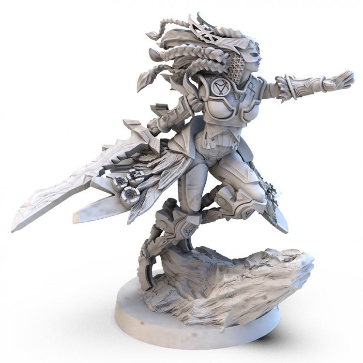 Lords of Ragnarok: Valkyrie Hero Expansion - Detailed gray resin figurine of Valkyrie warrior with flowing hair, armor, and large sword poised for battle on rocky base.