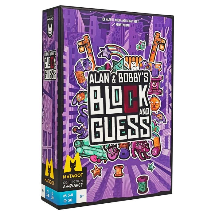 Alan & Bobby's Block and Guess - Purple rectangular box with colorful cartoon keys, locks, and the title Alan & Bobby’s Block and Guess on the front.