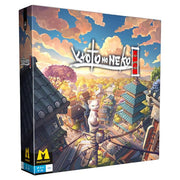 Kyoto-No-Neko - Colorful board game box depicting a scenic Japanese town with traditional rooftops and a cat perched on a pole under a.