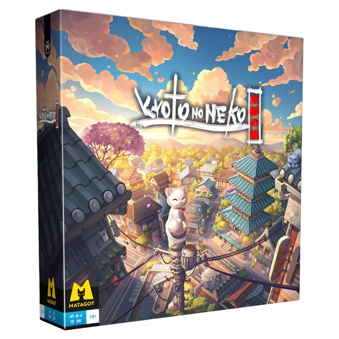 Kyoto-No-Neko - Colorful board game box depicting a scenic Japanese town with traditional rooftops and a cat perched on a pole under a.
