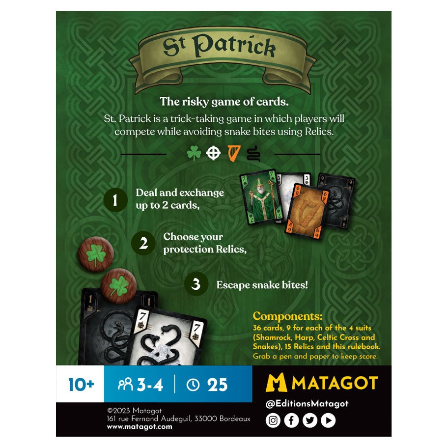 St. Patrick - St. Patrick card game box with green Celtic background, cards, tokens, and game instructions visible.