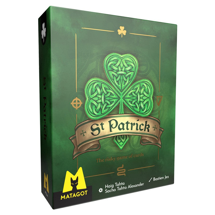 St. Patrick - Green card game box with Celtic shamrock design and "St Patrick" banner on front.