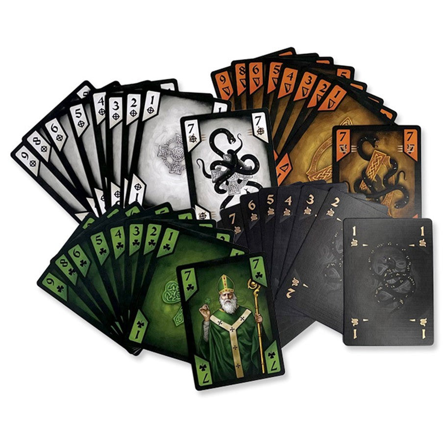 St. Patrick - Set of playing cards featuring fantasy-themed illustrations in black, green, orange, and white colors with unique symbols.