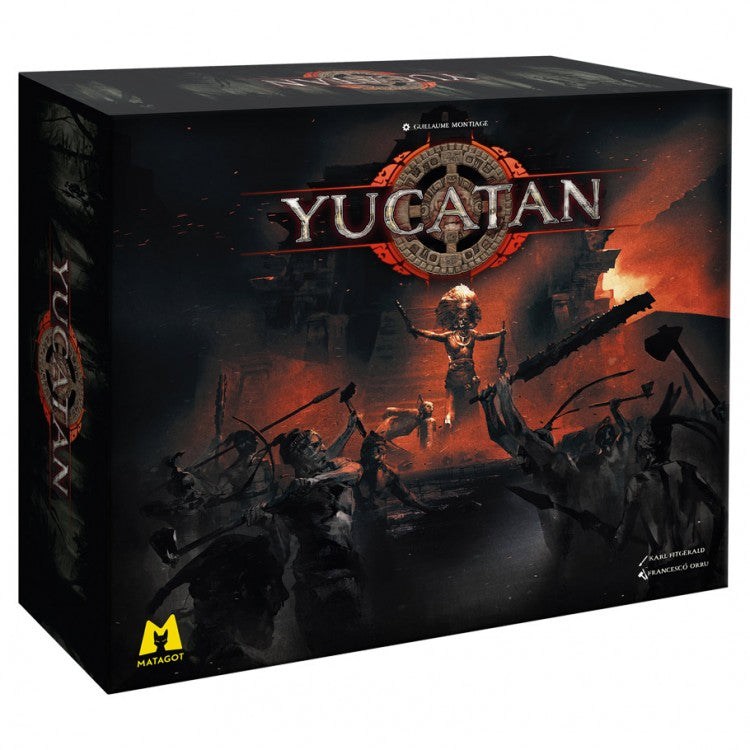Yucatan - Dark-themed Yucatan board game box with fiery orange highlights and silhouettes of warriors in battle scene.