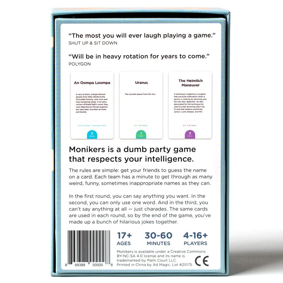 Monikers - Monikers party game box back showing game description, three sample cards, and player age and count details on white.