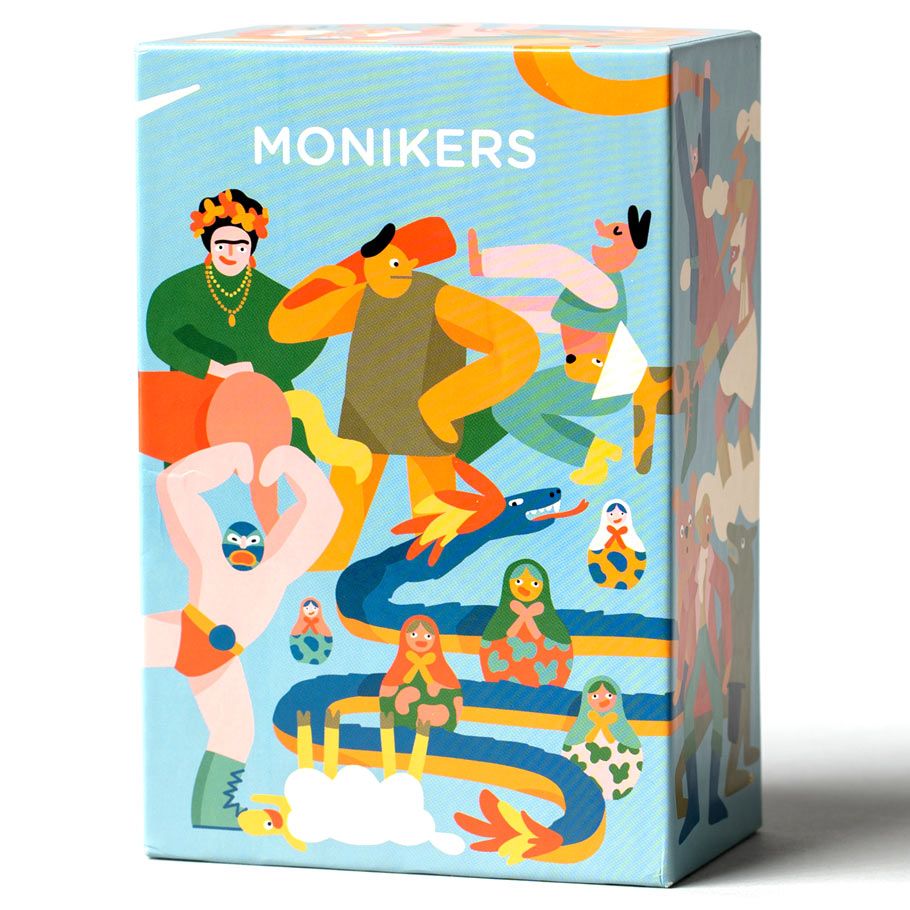 Monikers - Colorful rectangular card box for Monikers party game featuring playful illustrations of diverse characters in casual.