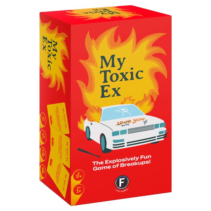 My Toxic Ex - Red rectangular box with a white car illustration and yellow flames, titled My Toxic Ex party game.
