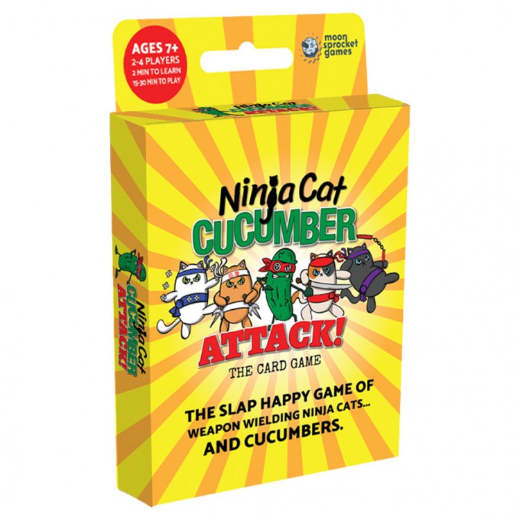Ninja Cat Cucumber Attack! - Yellow card game box with cartoon ninja cats and cucumbers, titled Ninja Cat Cucumber Attack!