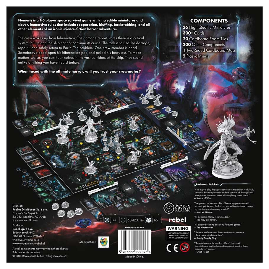 Nemesis - Nemesis board game box back featuring detailed spaceship-themed game board, plastic miniature figures, and various tokens.