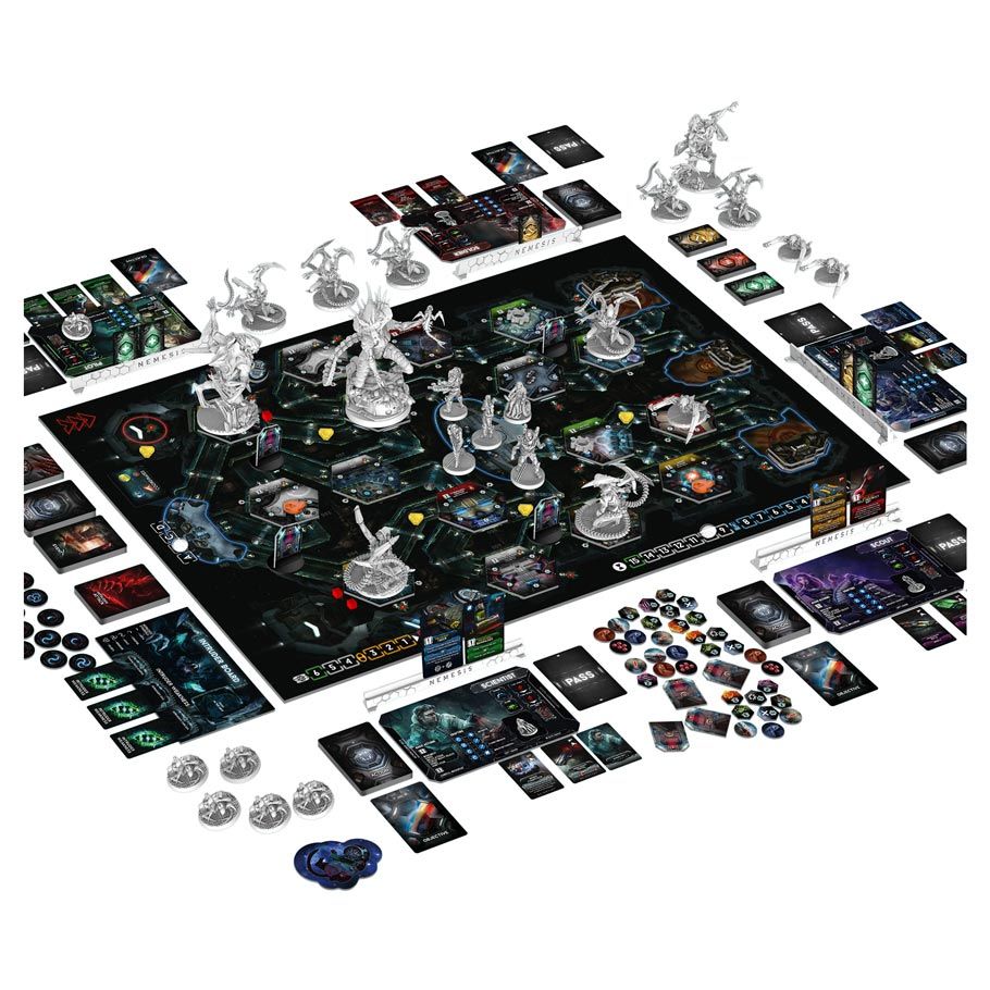 Nemesis - Space-themed board game setup with a black star map, detailed miniatures, character cards, tokens, and player mats arranged.