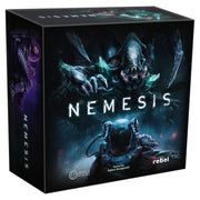 Nemesis - Dark sci-fi board game box with alien creature and robotic figure, titled Nemesis.