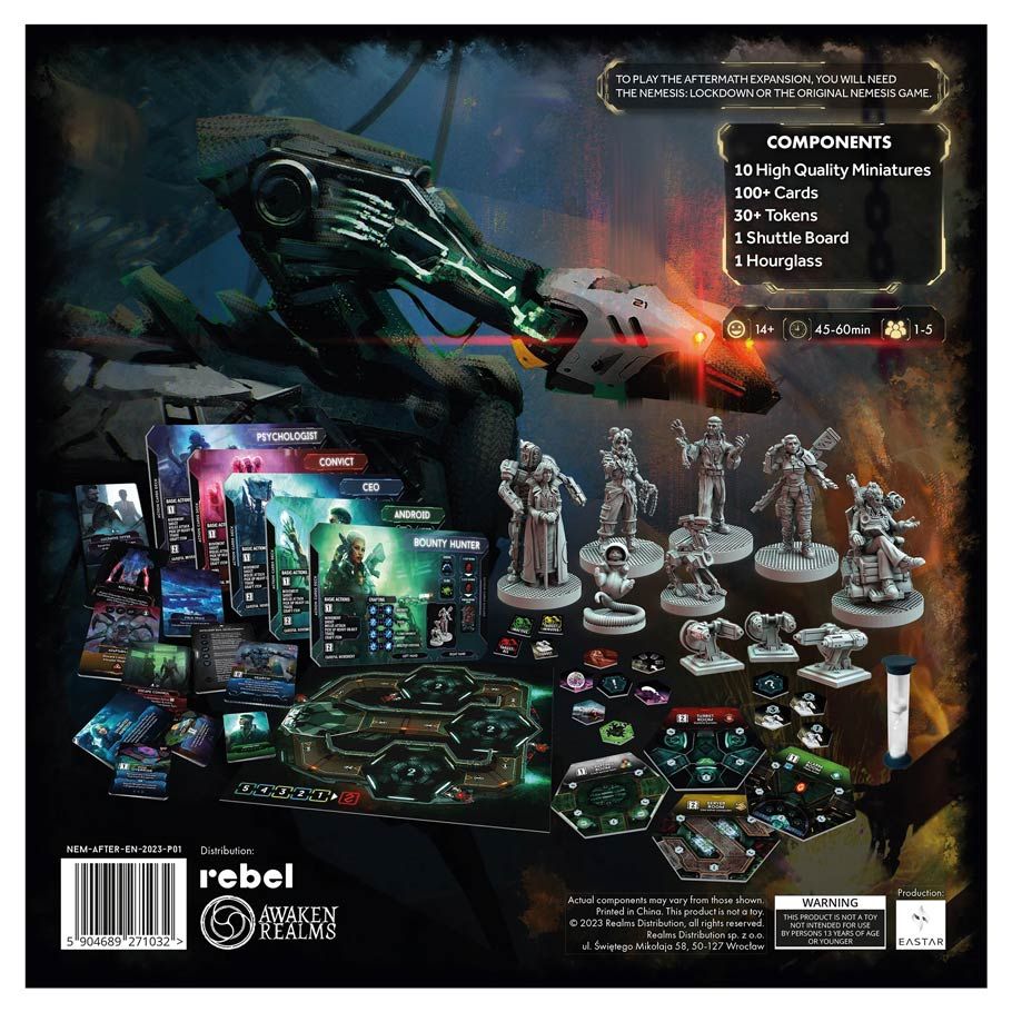 Nemesis: Aftermath Expansion - Aftermath Expansion board game featuring detailed miniatures, cards, tokens, and themed sci-fi artwork with dark, moody.