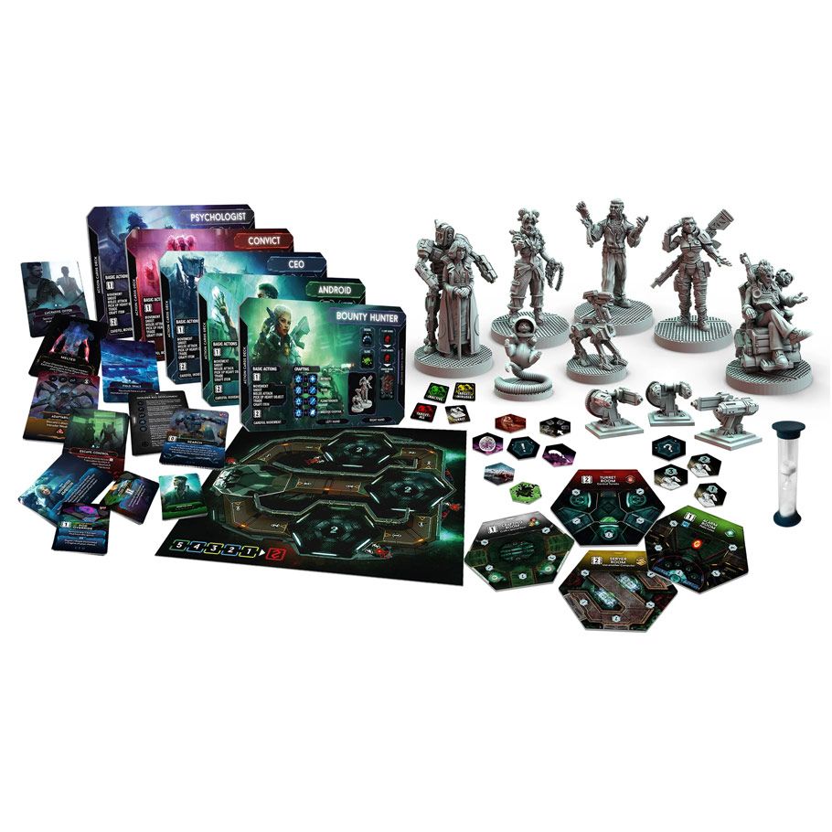 Nemesis: Aftermath Expansion - Aftermath Expansion board game with hexagonal tiles, character miniatures, cards, tokens, and an hourglass timer arranged on