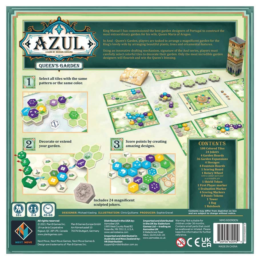 Azul: Queen’s Garden - Queen’s Garden featuring colorful hexagonal tile patterns in blue, green, yellow, and white, with game pieces and.