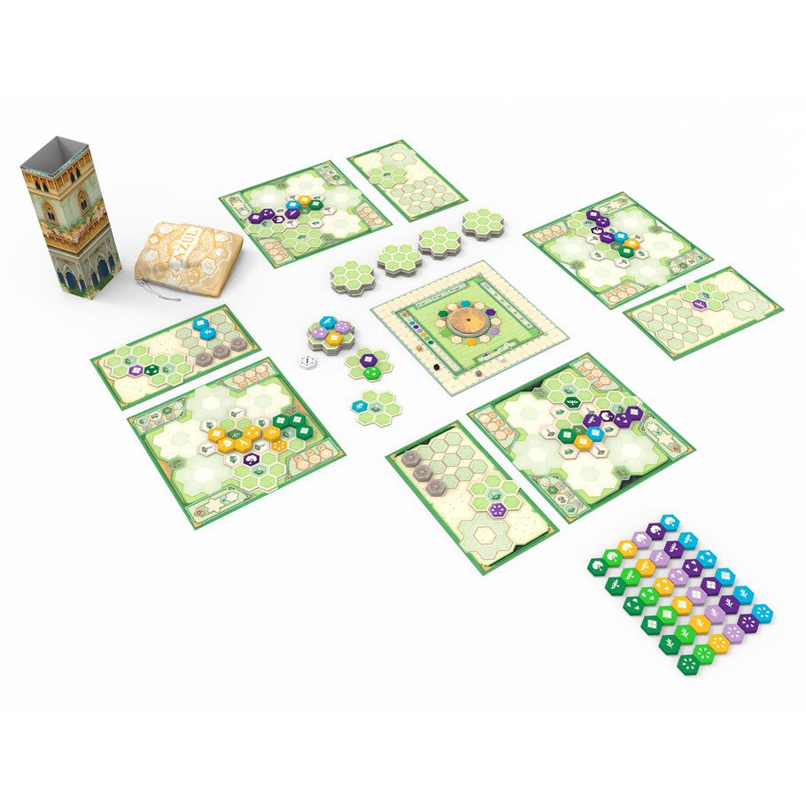 Azul: Queen’s Garden - Colorful hexagonal tiles and wooden gems arranged on green garden-themed boards with a tall decorative box on the side.